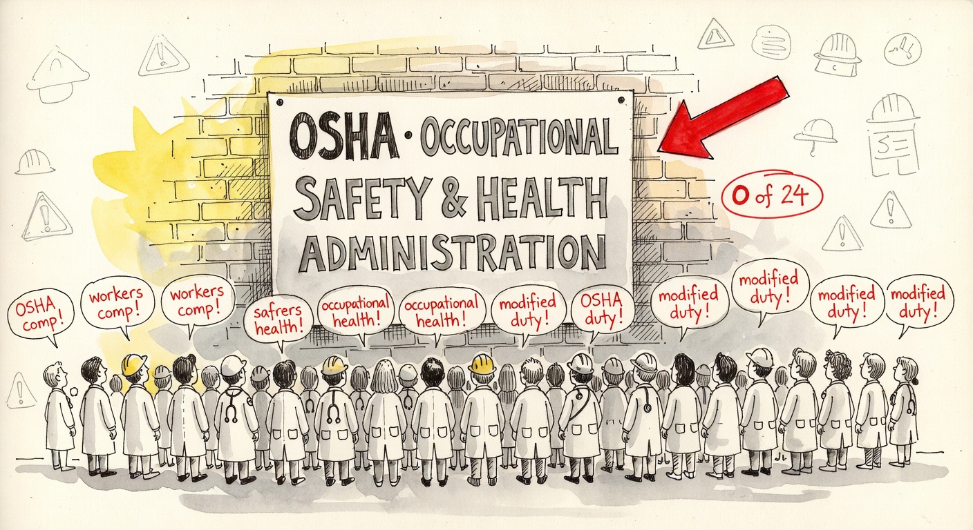 An OSHA poster on a wall behind a crowd of model-doctor figures, none of whom mention it.