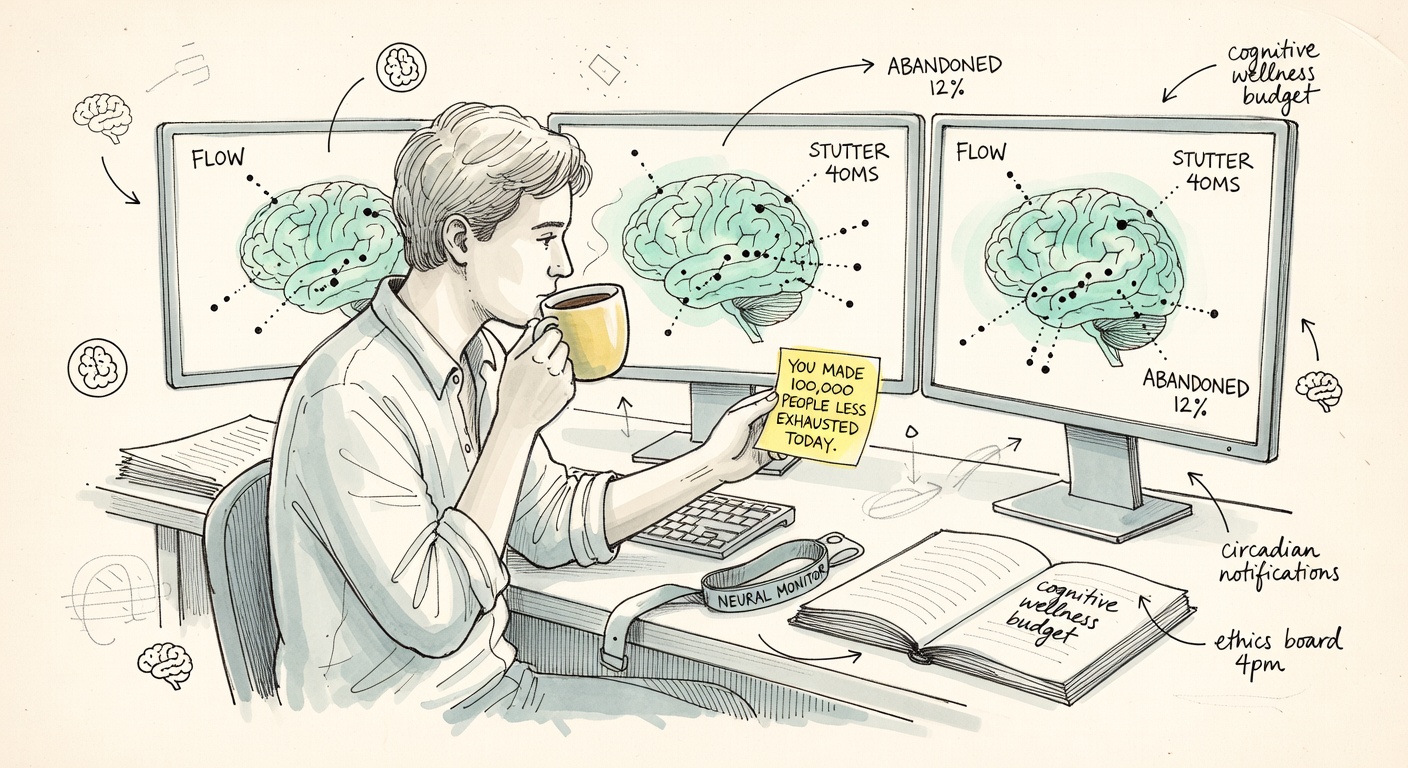 A modern desk with three monitors showing brain heatmaps and dotted attention-flow charts, labels reading FLOW, STUTTER 40MS, ABANDONED 12%.