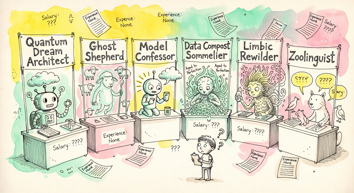 A cartoon job fair with six booths, each labeled with a strange new job invented by a different LLM.