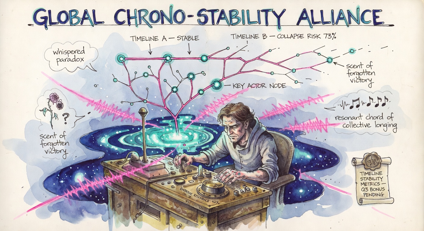 A bio-luminescent Temporal Convergence Hub with a chrono-architect at a brass-and-wood console adjusting empathic resonance dials, a delicate branching probability stream visualization floating mid-air. Banner reading GLOBAL CHRONO-STABILITY ALLIANCE.