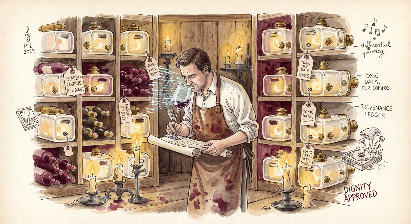 A wine cellar where the racks are full of glowing data bins instead of bottles, labeled PII 2029, BIASED CORPUS, TOXIC DATA FOR COMPOST. A sommelier in a leather apron sniffs a glass full of pixelated swirling code.