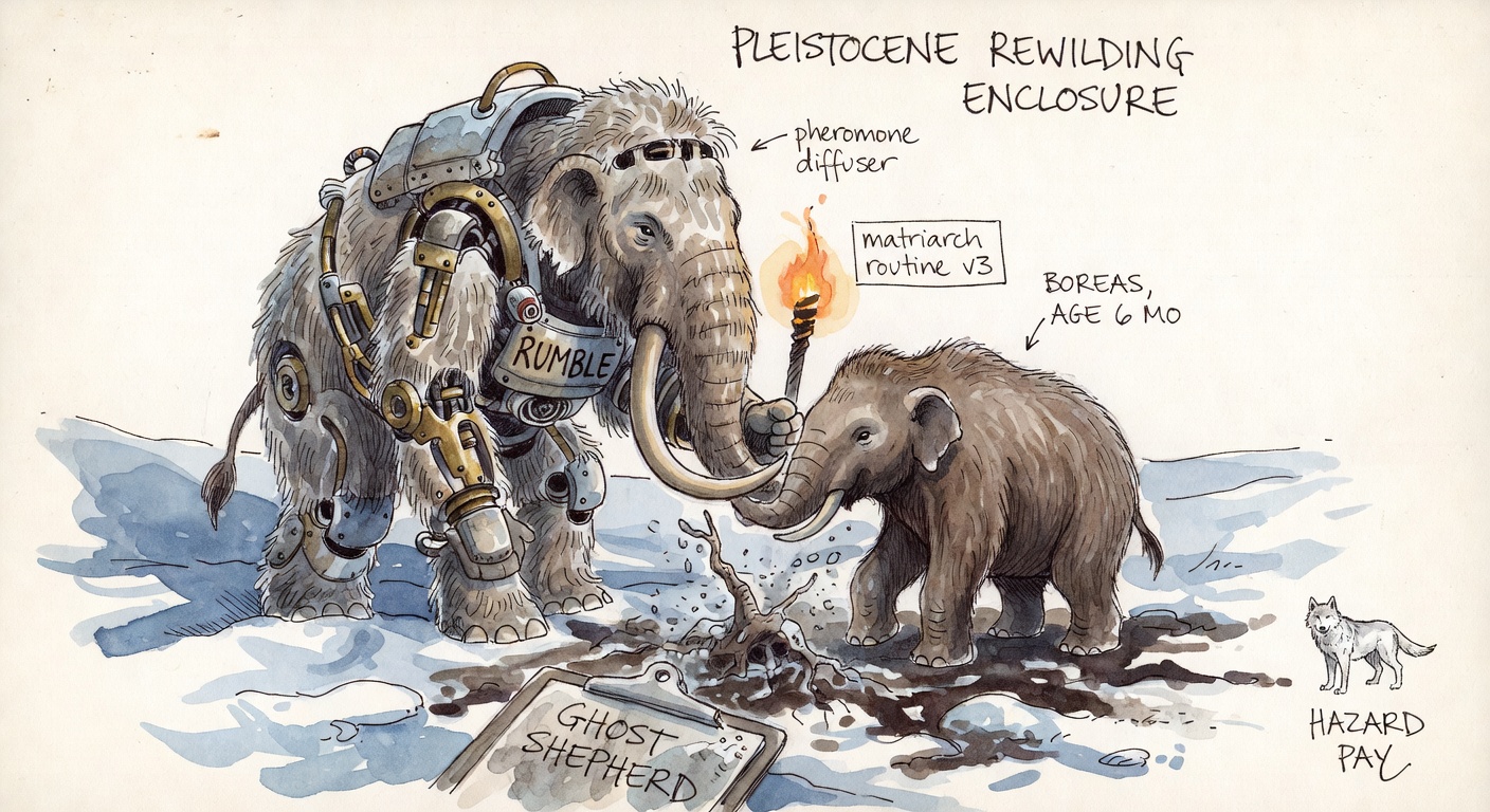 A person in a clunky mechanical mammoth-suit with woolly fur and exoskeleton joints nuzzling a baby woolly mammoth in snowy permafrost mud.