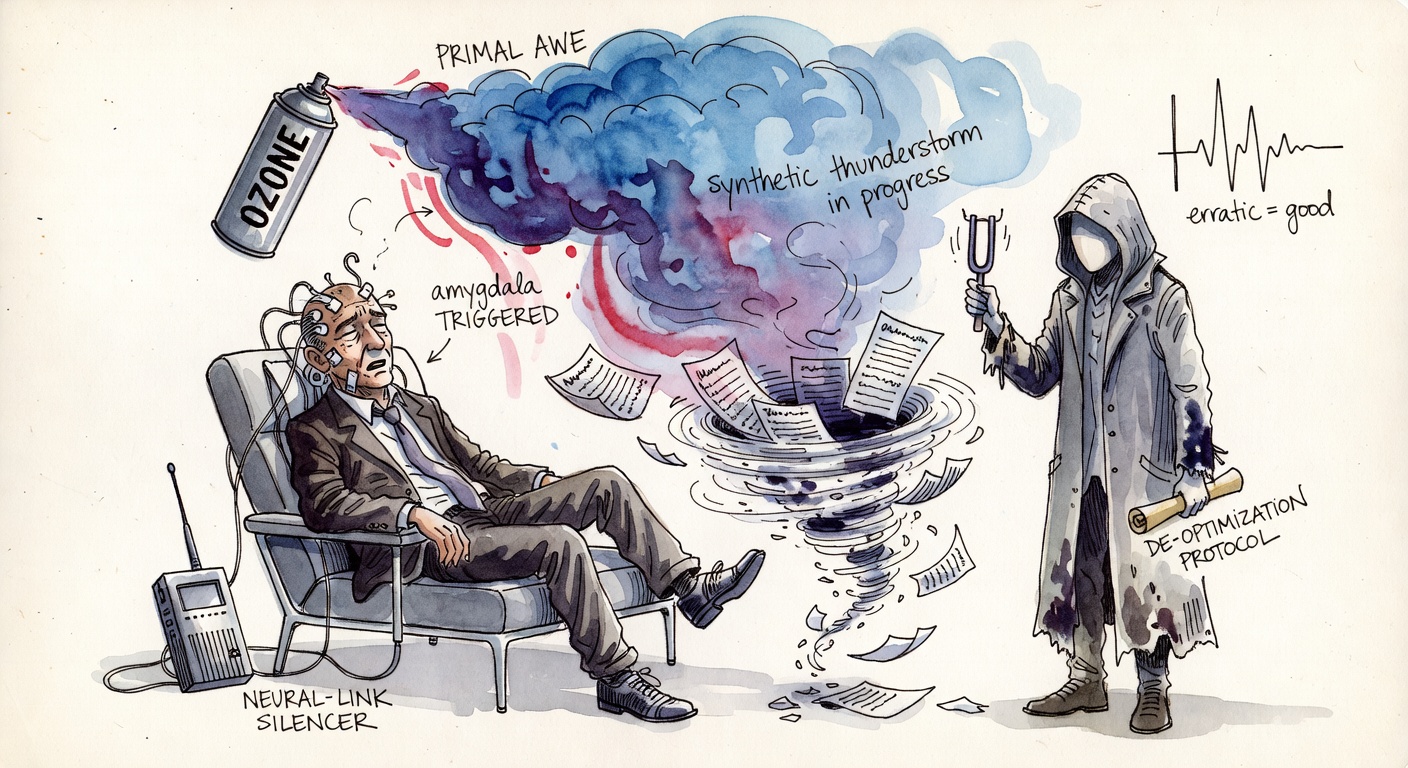 A burnt-out CEO on a recliner with sensors taped to their head, an ozone canister hissing in the air, and a portable signal-jammer beside them.
