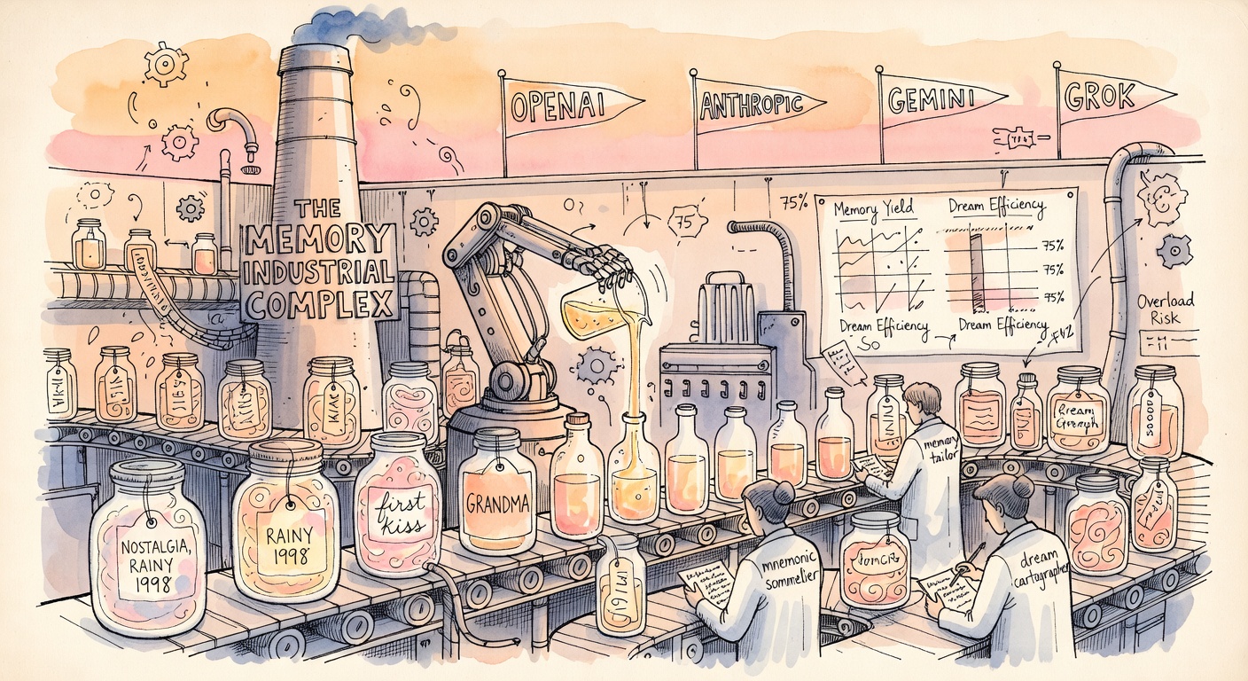A surreal factory labeled THE MEMORY INDUSTRIAL COMPLEX with conveyor belts carrying jars of memories — NOSTALGIA RAINY 1998, FIRST KISS, GRANDMA — and four tiny vendor flags above the smokestack.