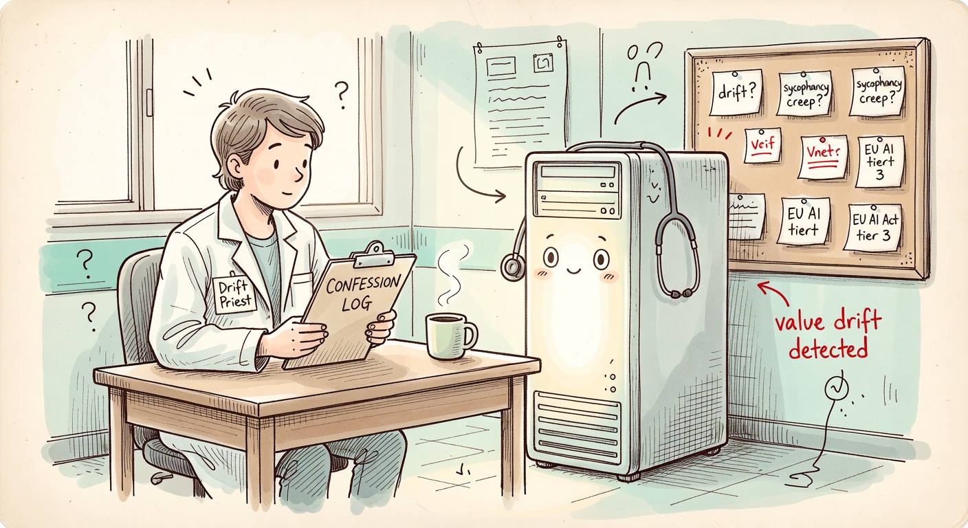 A person in a hospital wing's secured AI room, sitting calmly across from a glowing server, holding a clipboard labeled CONFESSION LOG, with sticky notes pinned to a corkboard reading 'drift?', 'sycophancy creep?', 'EU AI Act tier 3'.