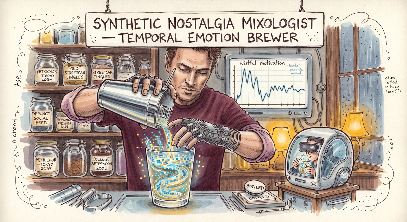 A cozy Memory Bar lab with chroma-scented atmosphere, a mixologist in neuro-haptic gloves shaking a cocktail in a glass that contains glowing pixelated swirling memories, glass jars on the shelves labeled PETRICHOR TOKYO 2034, OLD STREETCAR JINGLES, COLLEGE AFTERNOON 2003.