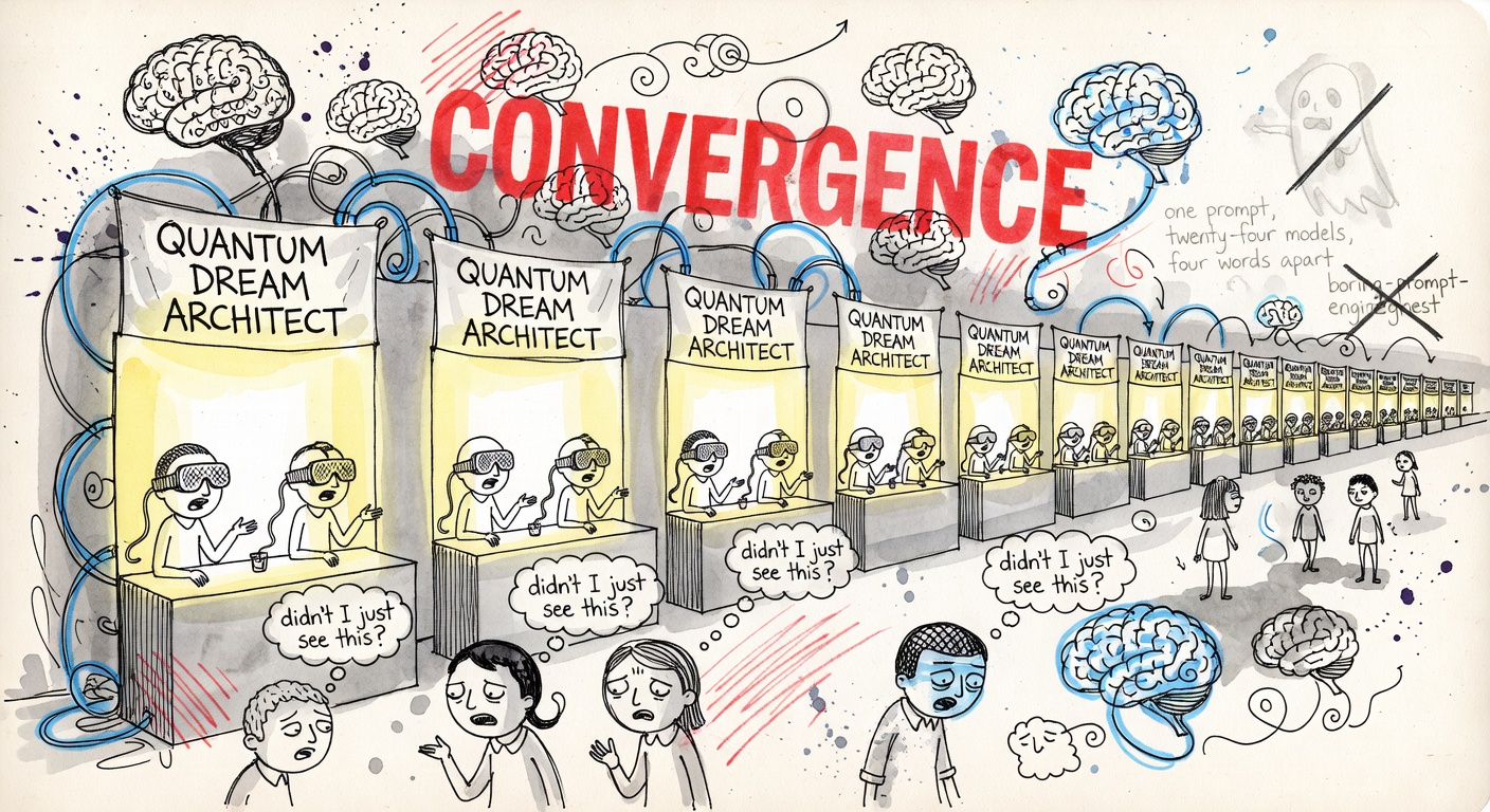A long perspective row of nearly identical glowing booths labeled QUANTUM DREAM ARCHITECT, with attendees thinking 'didn't I just see this?' and a giant red rubber-stamp word CONVERGENCE.