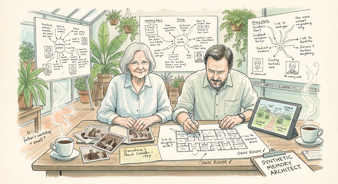 A converted greenhouse on an elder-care research campus at 7:40am, whiteboards covered in hand-drawn life timelines, a 71-year-old woman sitting beside the architect at a wooden table sketching a memory palace floor plan.