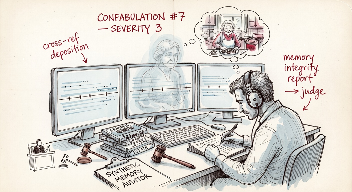 A minimalist desk with three monitors running parallel timelines, a ghost-AI grandmother on the central screen with a thought-bubble of a confabulated memory, a forensic auditor in noise-canceling headphones flagging discrepancies.