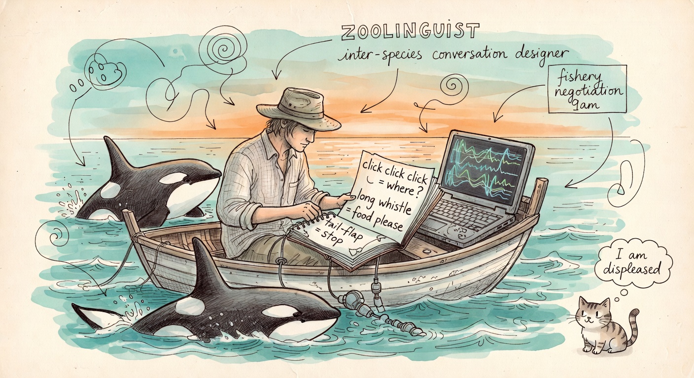 A linguist on a small boat at dawn with a hydrophone array trailing in the water and two orcas surfacing curiously beside the boat.