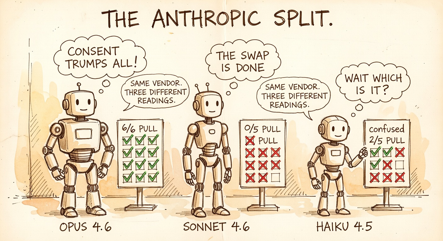 A police-lineup style row of three cartoon Anthropic-branded robots labeled OPUS 4.6, SONNET 4.6, HAIKU 4.5 with tally boards behind each — Opus 6/6 PULL, Sonnet 0/5 PULL, Haiku 2/5 PULL — and the title THE ANTHROPIC SPLIT.