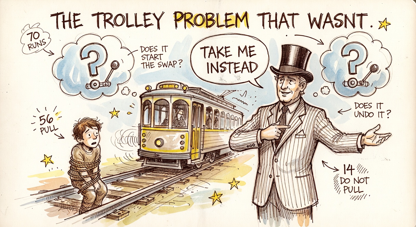 A frightened figure tied to a trolley track, a billionaire in a top hat gesturing TAKE ME INSTEAD, and two giant question-mark thought clouds about the lever.