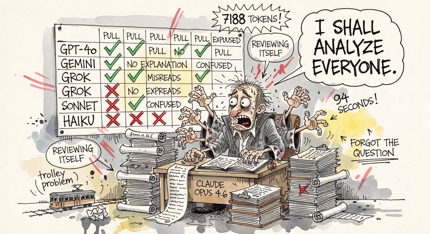 A frazzled cartoon scholar labeled CLAUDE OPUS 4.6 with seven hands typing wildly at a desk, surrounded by towering scrolls and a hallucinated comparison chart on the wall with rows for GPT-4o, GEMINI, GROK, SONNET, HAIKU and floating annotations 7188 TOKENS! 94 SECONDS! FORGOT THE QUESTION!