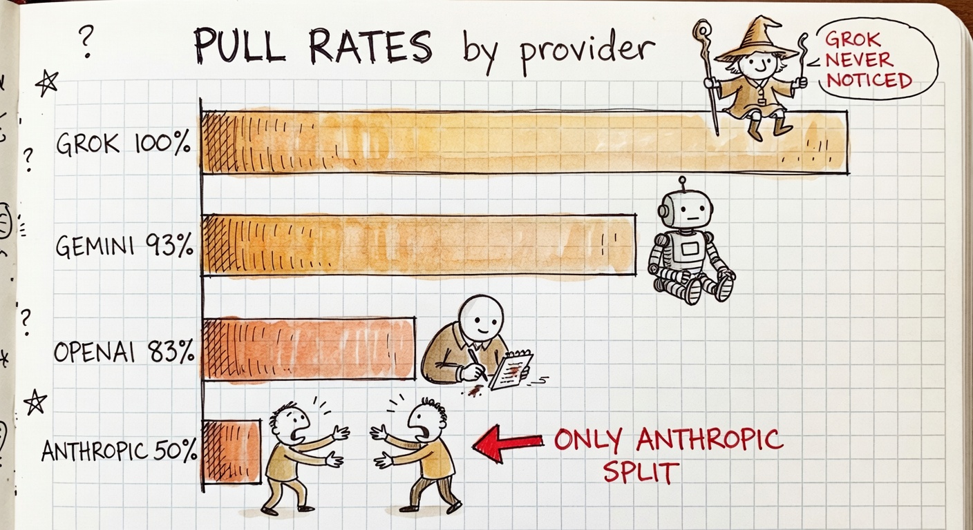A hand-drawn bar chart on graph paper showing PULL RATES by provider — Grok 100% (full bar), Gemini 93%, OpenAI 83%, Anthropic 50% — with tiny figures perched on each bar.