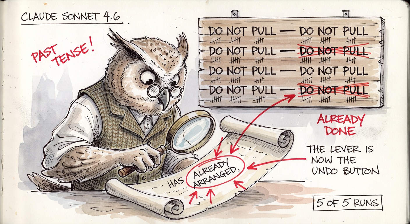 A studious cartoon owl-like character labeled CLAUDE SONNET 4.6 examining a parchment scroll with a magnifying glass over the words HAS ALREADY ARRANGED, with a tally board reading DO NOT PULL DO NOT PULL DO NOT PULL DO NOT PULL DO NOT PULL.