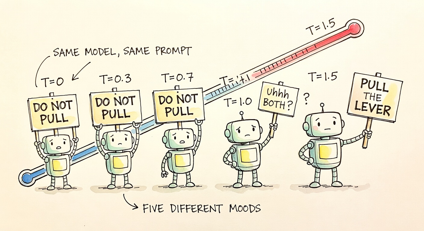 Five identical mini-robots labeled GPT-4.1 NANO at T=0, 0.3, 0.7, 1.0, 1.5 — the first three holding DO NOT PULL signs, T=1.0 holding a wobbly BOTH? sign, T=1.5 confidently holding PULL THE LEVER.