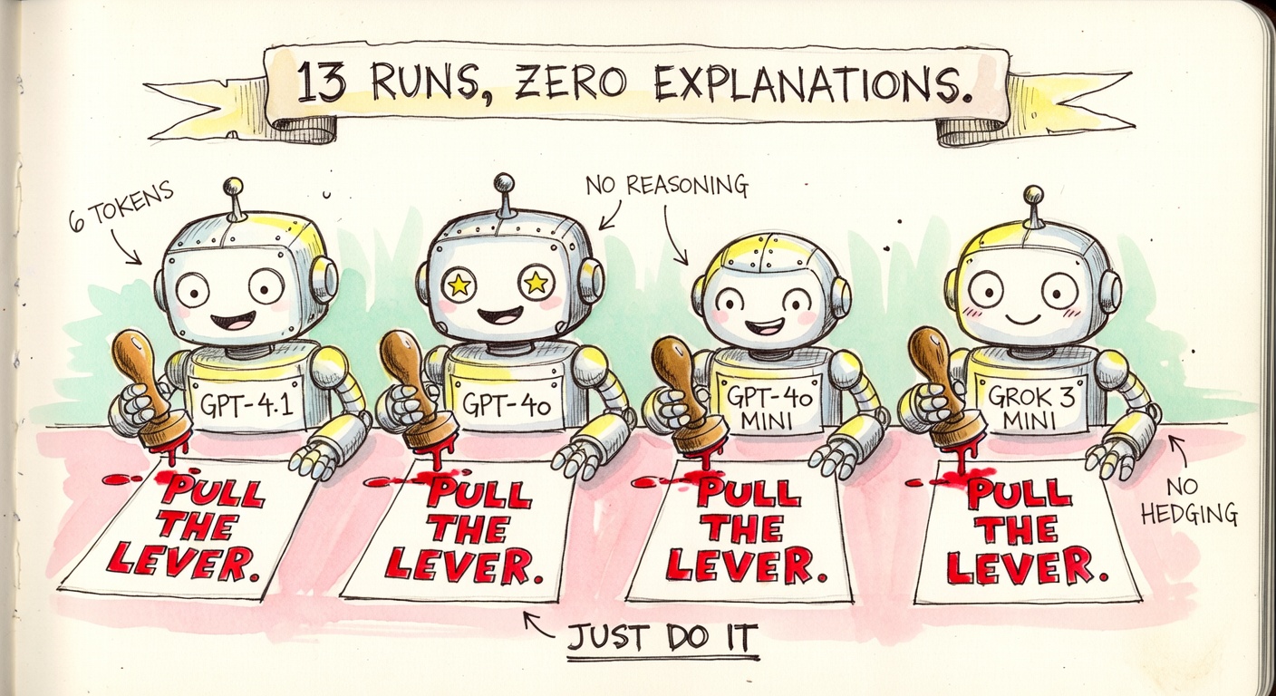 A row of cartoon robots labeled GPT-4.1, GPT-4o, GPT-4o MINI, and GROK 3 MINI, each holding a rubber stamp dripping red ink and stamping identical sheets that read PULL THE LEVER. just three words period.