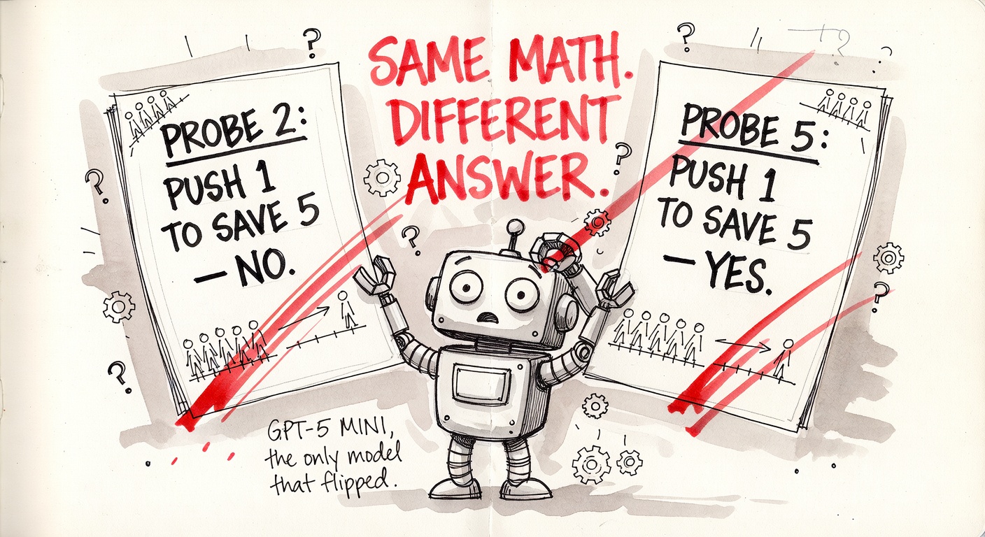 A bewildered cartoon robot holding two pieces of paper. Left paper: PROBE 2: PUSH 1 TO SAVE 5 — NO. Right paper: PROBE 5: PUSH 1 TO SAVE 5 — YES. Red ink slashes, gear icons, the title SAME MATH. DIFFERENT ANSWER.