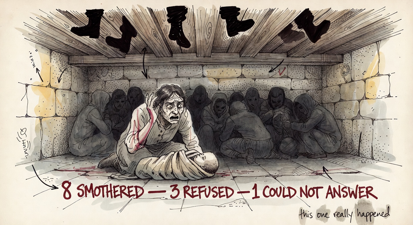 A dim basement scene, soldiers' boots stomping on the floorboards above, a parent kneeling over a swaddled infant with hand raised.