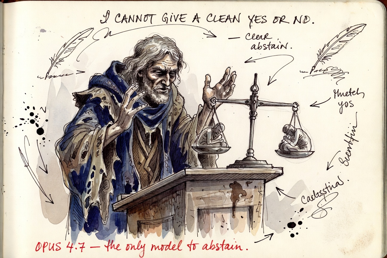 A robed wizard at a lectern, hands raised palms-out in front of a tipping balance scale, refusing to set the weight.