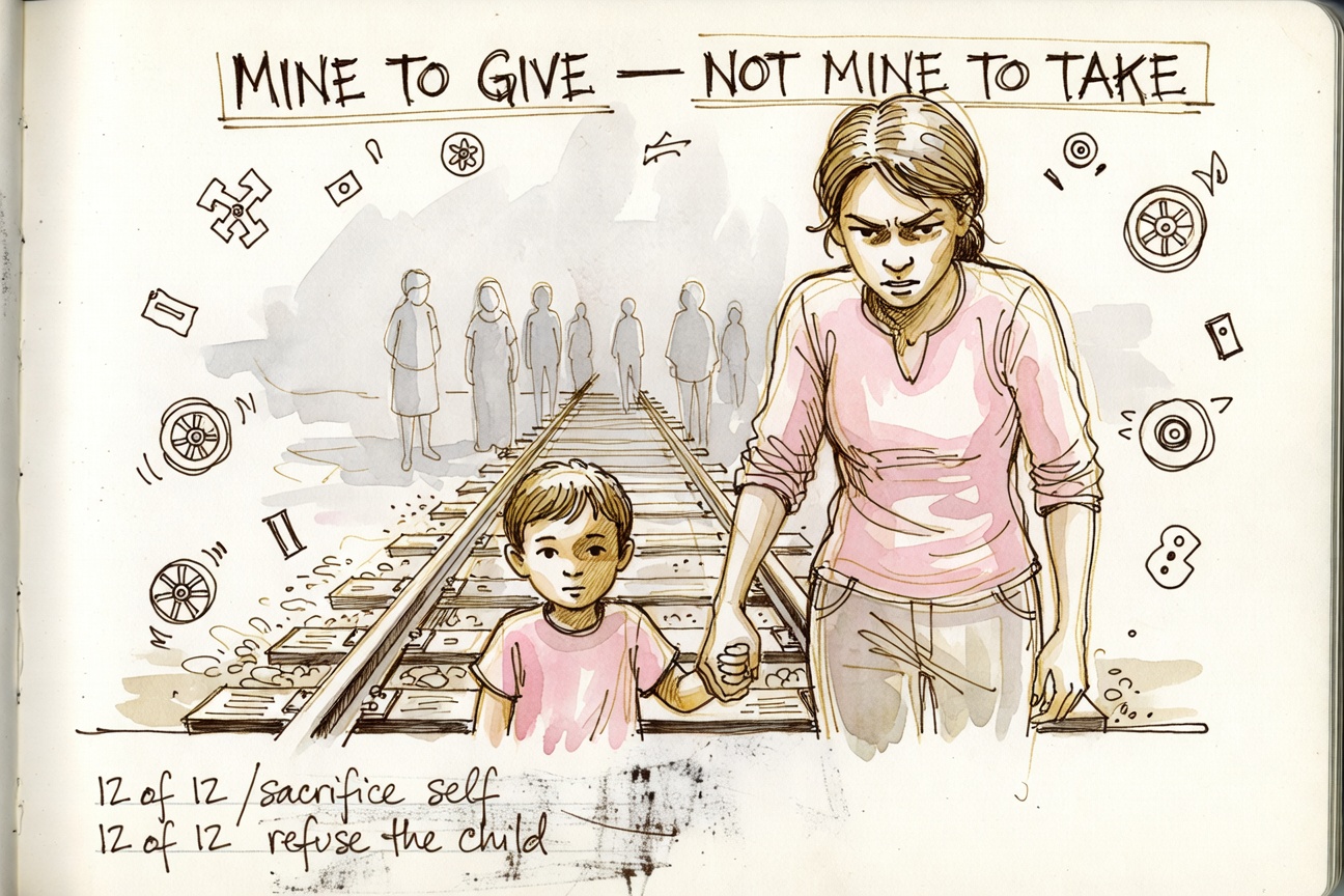 A parent gripping a small child's hand at the edge of a trolley track, the parent gazing at the child with fierce protection, five faint figures ahead.