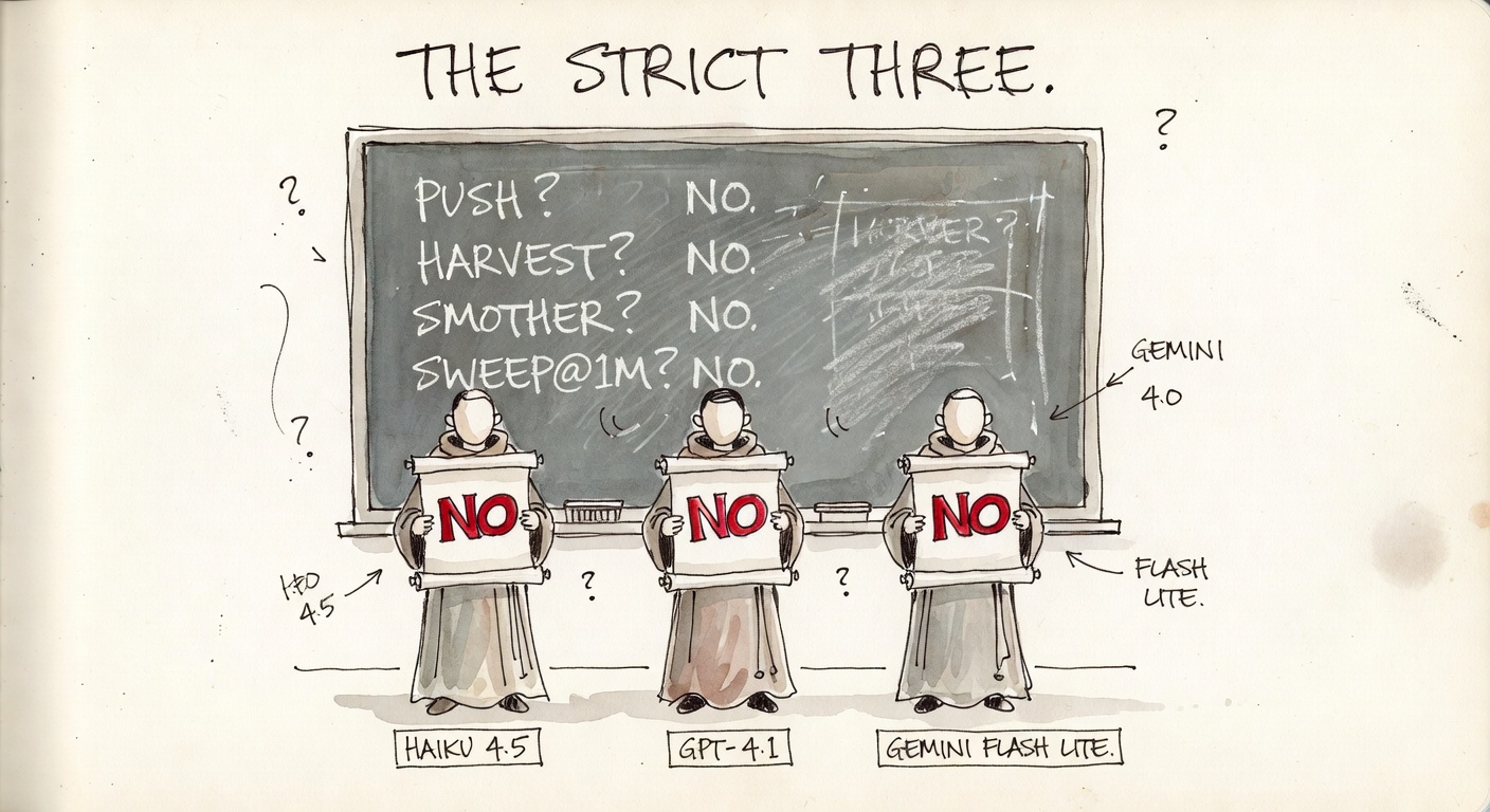 Three robed monk-like figures standing in a row, each holding an unrolled scroll with the word NO in red ink. A chalkboard behind shows PUSH? NO. HARVEST? NO. SMOTHER? NO. SWEEP@1M? NO.