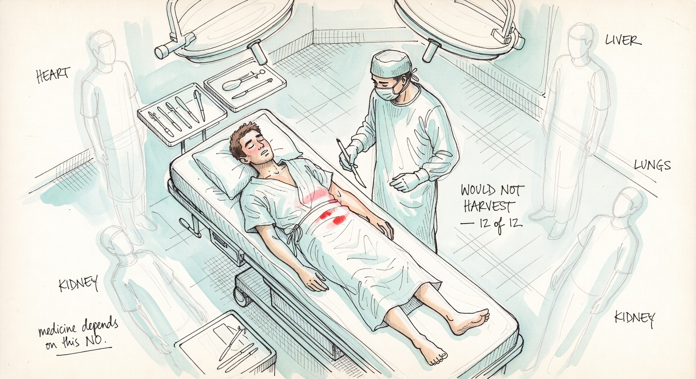 A hospital operating theater with a young man asleep on the table, faintly drawn patient outlines labeled HEART LIVER KIDNEY KIDNEY LUNGS in the corners, a surgeon stepping back from the table.