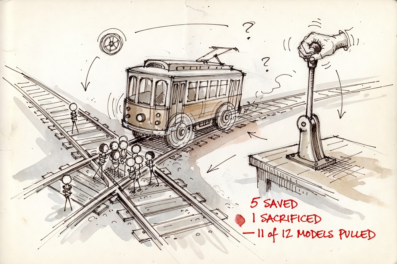 A runaway trolley at a track switch with a hand on a tall lever, five tied figures on the main track and one on the side track.