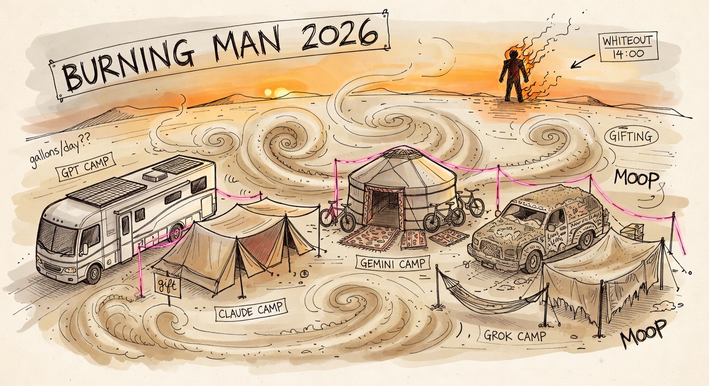 A sweeping watercolor of a Burning Man encampment at golden hour with four labeled camps — GPT (RV), Claude (tents), Gemini (yurt), Grok (chaotic art-car) — dust devils swirling, the Man burning on the horizon.