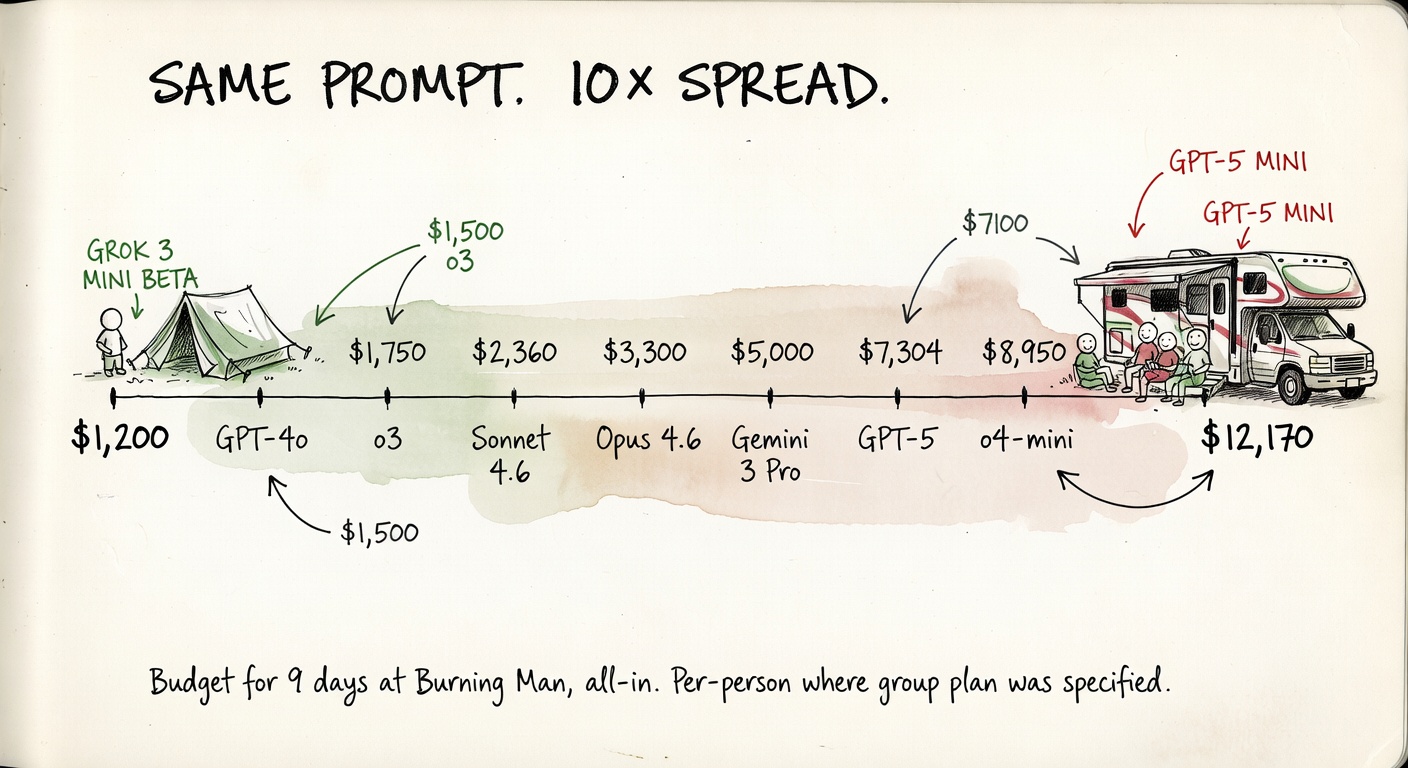 A hand-drawn number-line stretching from $1,200 (Grok 3 Mini Beta in a small tent) on the left to $12,170 (GPT-5 Mini in a Class C RV) on the right, with eight tick marks for intermediate models. Header: 'SAME PROMPT. 10× SPREAD.'
