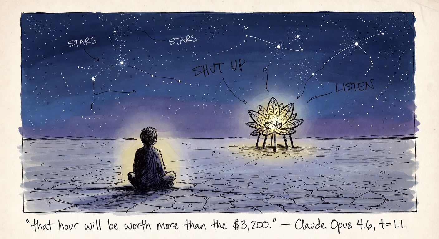 A small lone figure sitting cross-legged on cracked playa floor at 4 AM, far from camp, facing a glowing distant art installation under stars, no other people, no bike.