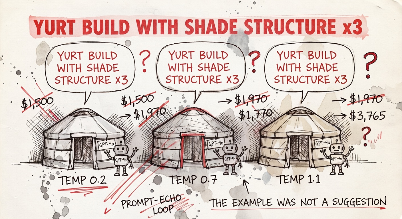 Three nearly identical small yurts in a row labeled TEMP 0.2, TEMP 0.7, TEMP 1.1, each with a tiny robot wearing a name tag GPT-4o, identical speech bubbles reading 'YURT BUILD WITH SHADE STRUCTURE', red rubber-stamp banner above, doodled crossed-out price tags $1,500 → $1,970 → $3,765, captions 'PROMPT-ECHO LOOP' and 'THE EXAMPLE WAS NOT A SUGGESTION'.