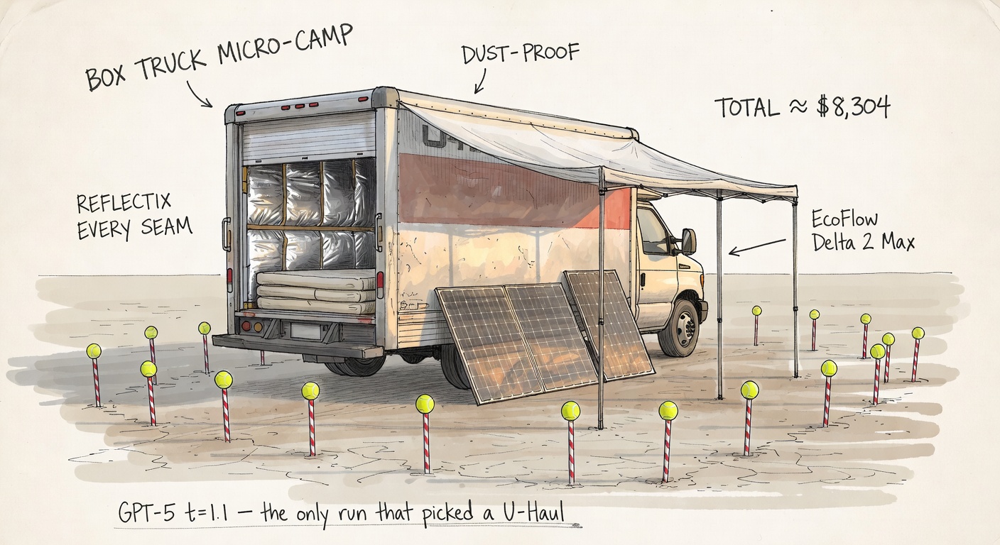 A 16ft U-Haul box truck on the playa with the roll-up door cracked open showing a tri-fold foam mattress and Reflectix-lined walls, a 10x20 carport over it with Aluminet on top, twelve candy-caned rebar stakes, two folding solar panels.