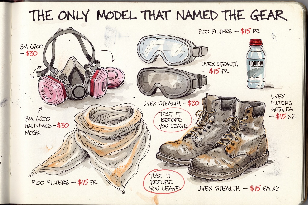 Catalog spread of dust gear — 3M 6200 respirator with P100 filters, two pairs of Uvex Stealth goggles, leather boots, electrolyte packets — each labeled with a price.