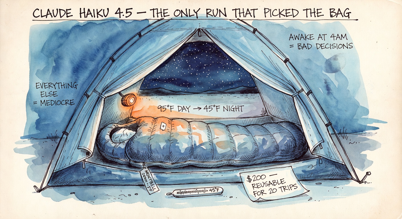 A mummy-shaped down sleeping bag fully zipped up inside a tent with the rainfly half-open showing a starry sky, thermometer reading 45°F on the floor, bag tag reads MONTBELL DOWN -5°F.