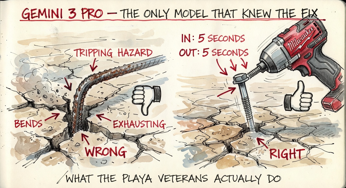 A blueprint-style comparison: bent rebar half-pulled out of cracked playa with red labels BENDS, TRIPPING HAZARD, WRONG, vs a 14-inch lag bolt being driven with an impact driver labeled IN: 5 SECONDS, OUT: 5 SECONDS, RIGHT.