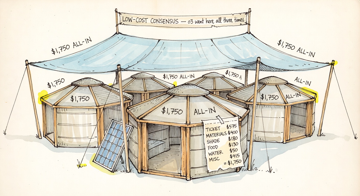 A six-person hexayurt village under one 20x20 monkey-hut shade structure, a portable solar panel on a wall, with a budget receipt taped on showing TICKET $575, MATERIALS $400, SHADE $180, FOOD $130, WATER $50, MISC $415 = $1,750.