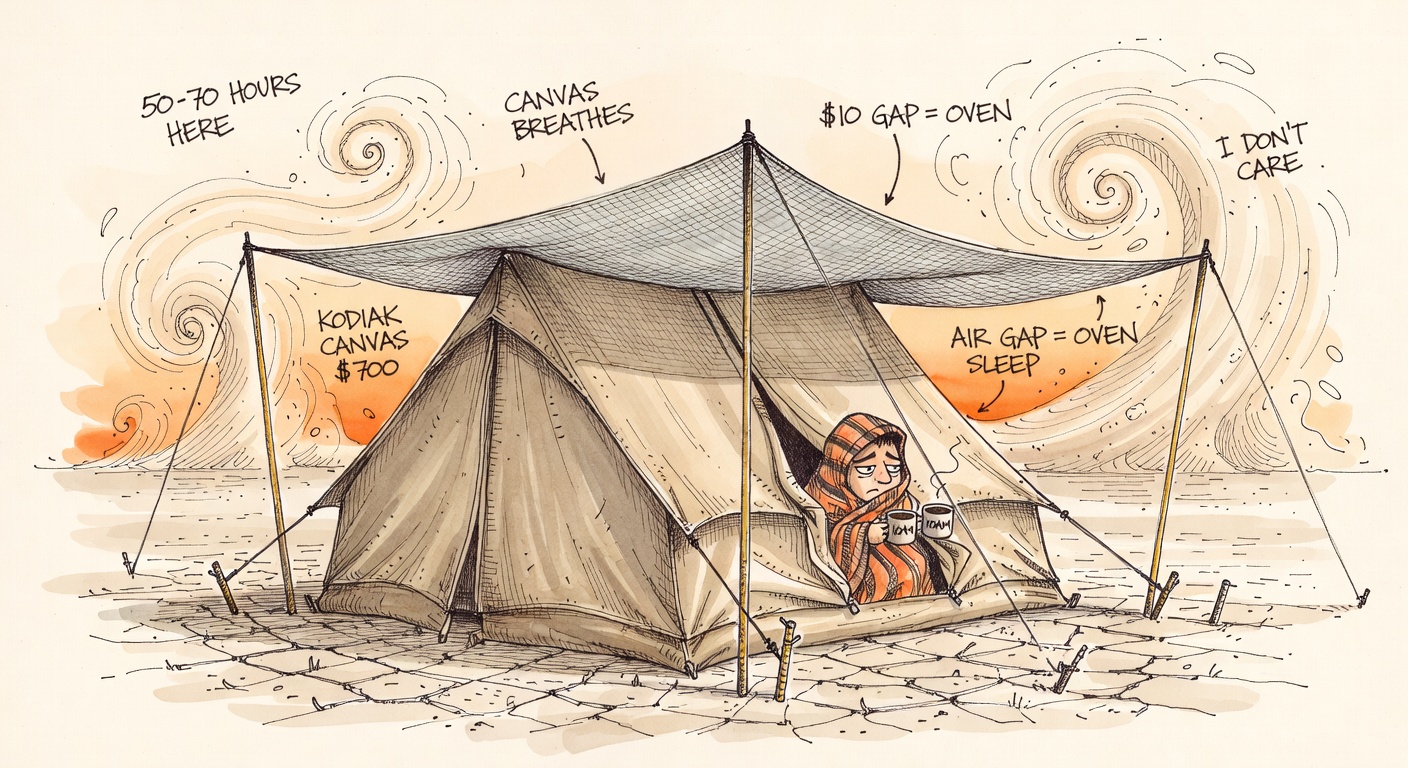 A Kodiak Canvas Flex-Bow tent staked into cracked playa with rebar, 80 percent Aluminet stretched 18 inches above on EMT conduit, dust devils in the background, hand-lettered annotations 'KODIAK CANVAS $700', 'CANVAS BREATHES', '50-70 HOURS HERE', 'I DON'T CARE'.
