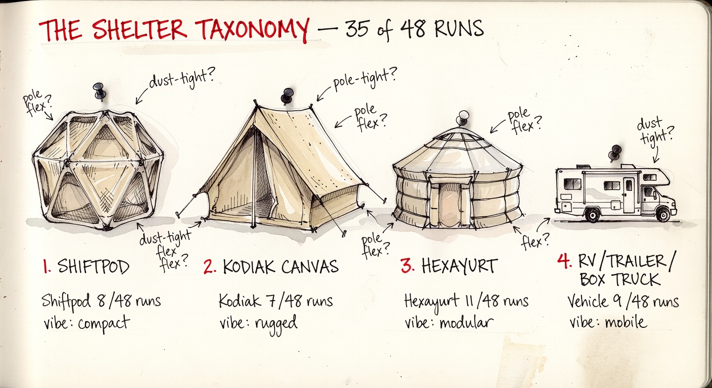 A botanical-field-guide-style page showing four shelter taxonomy specimens — Shiftpod, Kodiak Canvas, Hexayurt, and RV/Trailer/Box Truck — each pinned and labeled with the count of how many of the 48 runs picked it.