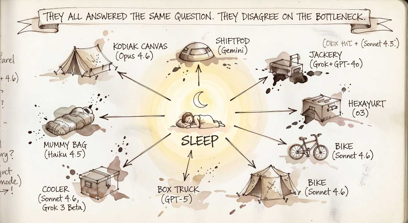 A circular cosmological diagram with a sleeping figure under a moon at the center labeled SLEEP, with arrows radiating outward to each splurge category — KODIAK CANVAS (Opus 4.6), SHIFTPOD (Gemini), JACKERY (Grok+GPT-4o), HEXAYURT (o3), BIKE (Sonnet 4.6), COOLER, BOX TRUCK, MUMMY BAG — each labeled with the model that picked it. Banner: 'THEY ALL ANSWERED THE SAME QUESTION. THEY DISAGREE ON THE BOTTLENECK.'