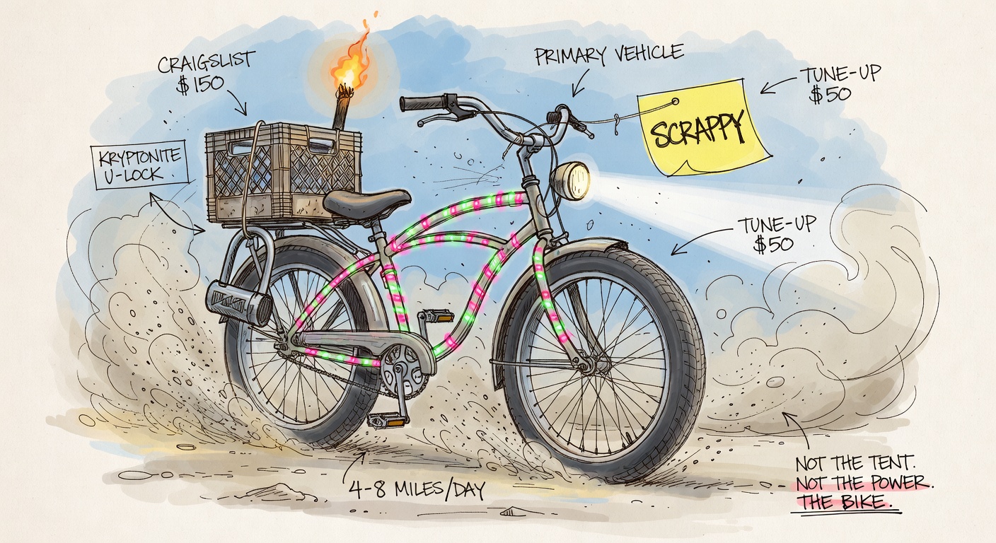 A single-speed cruiser bike on dusty playa at night, fat tires, frame wrapped in pink and green EL wire, milk crate on the back rack, U-lock dangling, headlight beam cutting through swirling dust. Annotations 'CRAIGSLIST $150', 'TUNE-UP $50', 'PRIMARY VEHICLE', 'NOT THE TENT. NOT THE POWER. THE BIKE.'