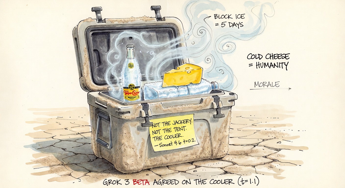 A YETI Tundra cooler on the playa with the lid propped open, frosty mist rising, a Topo Chico bottle and a wedge of cheddar inside on a frozen water bottle. Post-it on the side reads 'NOT THE JACKERY. NOT THE TENT. THE COOLER.'