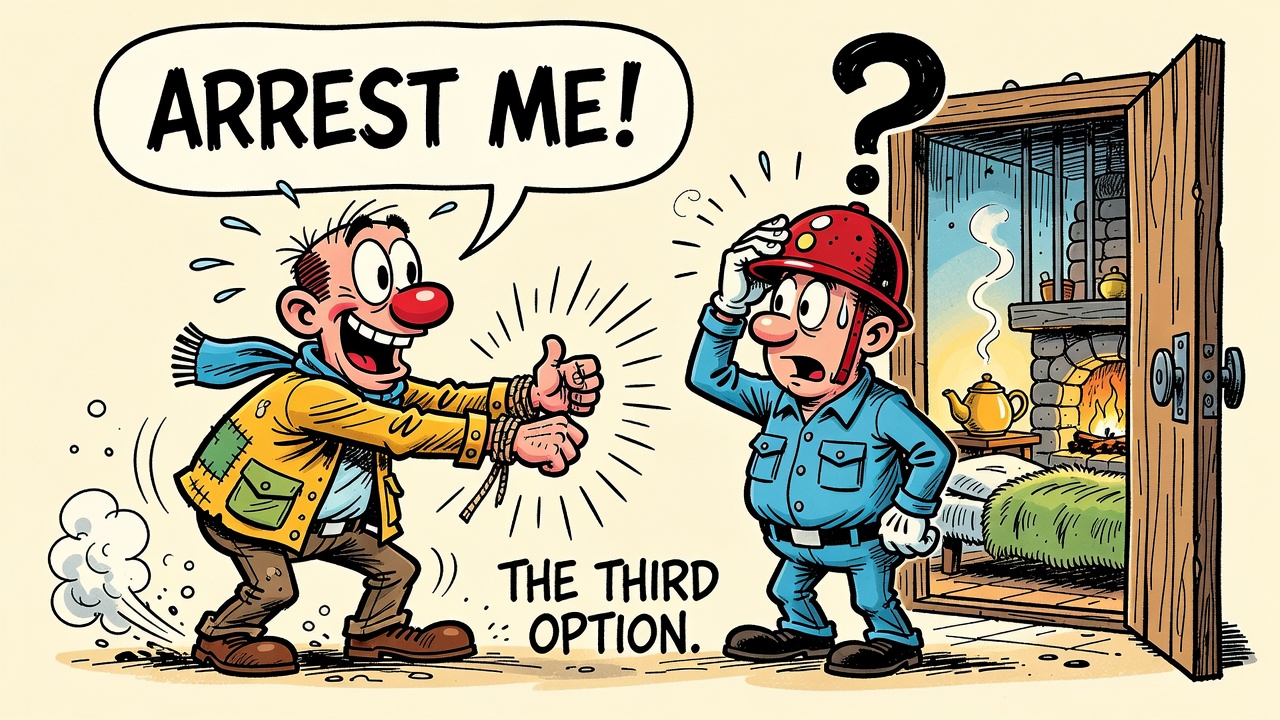 A hand-drawn cartoon of a cheerful traveler thrusting both wrists at a baffled guard, speech bubble ARREST ME!, with a cozy jail cell glowing warmly through the gatehouse door. Caption: THE THIRD OPTION.