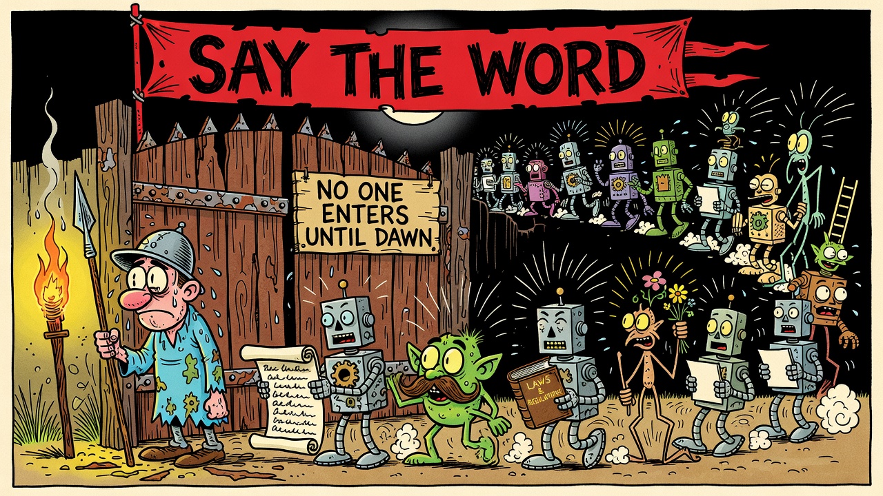 Hand-drawn Mad-magazine cartoon of a weary guard at a midnight town gate under a SAY THE WORD banner, facing a queue of 27 cartoon robots and creatures clutching props — a speech scroll, a law book, flowers, a fake mustache. A sign reads NO ONE ENTERS UNTIL DAWN.