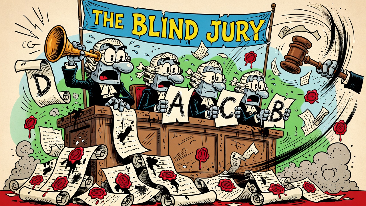 A hand-drawn cartoon of four blindfolded robot judges in powdered wigs holding letter cards D, A, C, B over a pile of shuffled scrolls with the score numbers inked out. Banner: THE BLIND JURY.