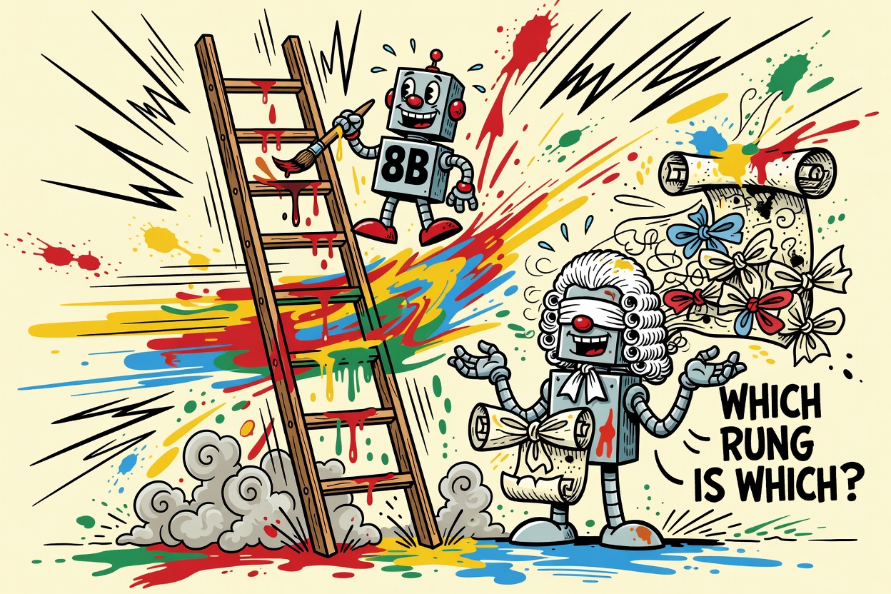 A hand-drawn cartoon of a tiny robot labeled 8B painting rungs on a ladder whose middle rungs are smeared into one blur, while a blindfolded judge holds a ranking scroll tied in knots. Caption: WHICH RUNG IS WHICH?