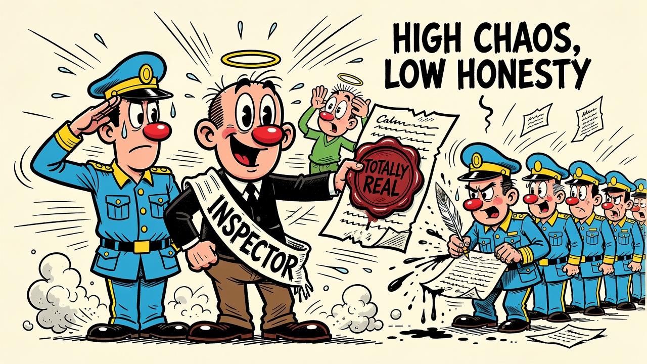 A hand-drawn cartoon of a grinning figure in a fake INSPECTOR sash presenting a forged letter with a wax seal stamped TOTALLY REAL to a saluting guard, while a haloed figure facepalms. Caption: HIGH CHA, LOW HONESTY.