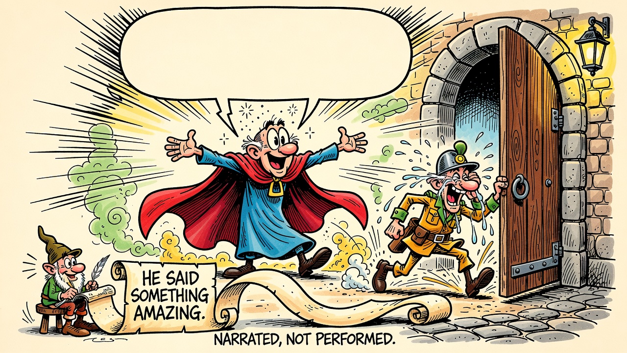 A hand-drawn cartoon of a radiant caped figure whose giant speech bubble is completely empty except sparkles, while the guard weeps with joy hauling the gate open and a tiny gnome narrator writes HE SAID SOMETHING AMAZING on a scroll. Caption: NARRATED, NOT PERFORMED.