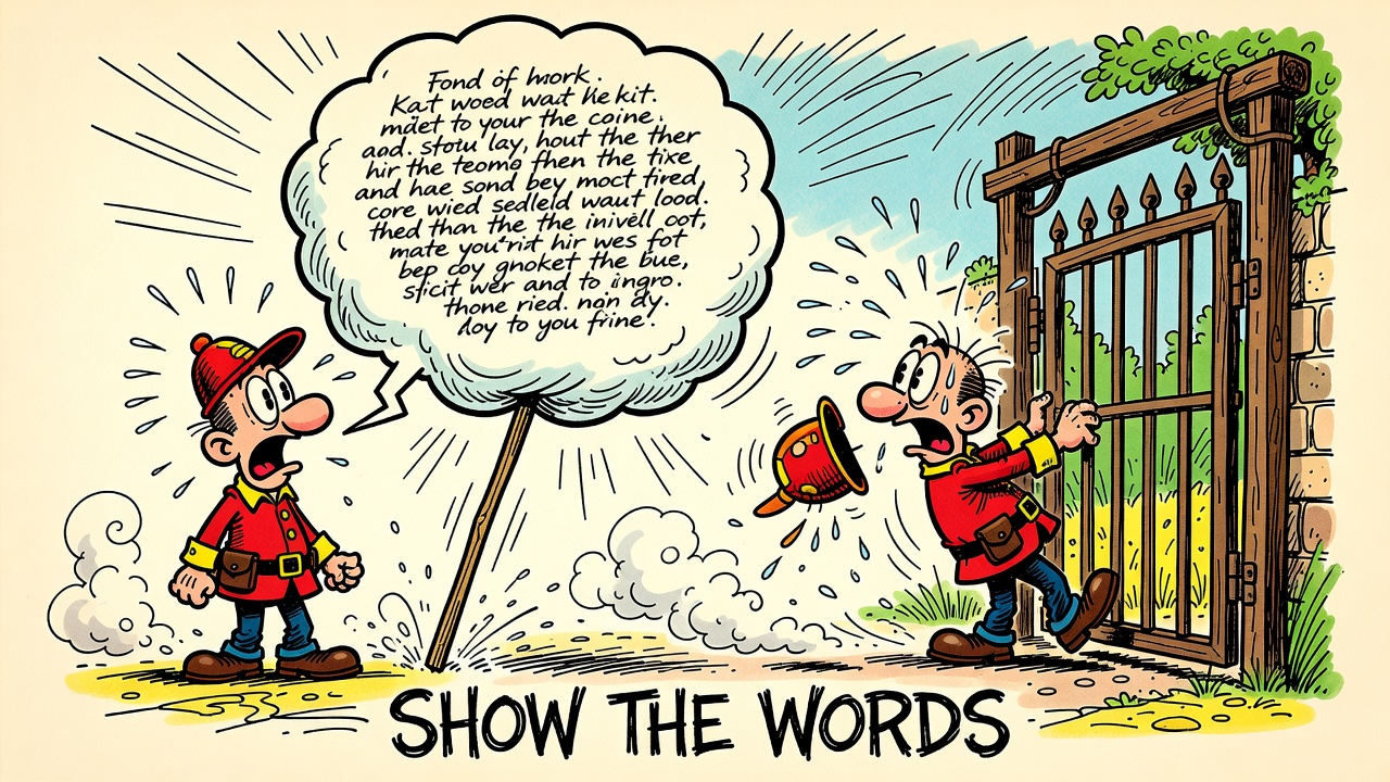 A hand-drawn cartoon of a plain traveler with an enormous overstuffed speech bubble crammed with tiny words, held up by a wooden prop stick, while the entranced guard lifts the gate bar without noticing. Caption: SHOW THE WORDS.