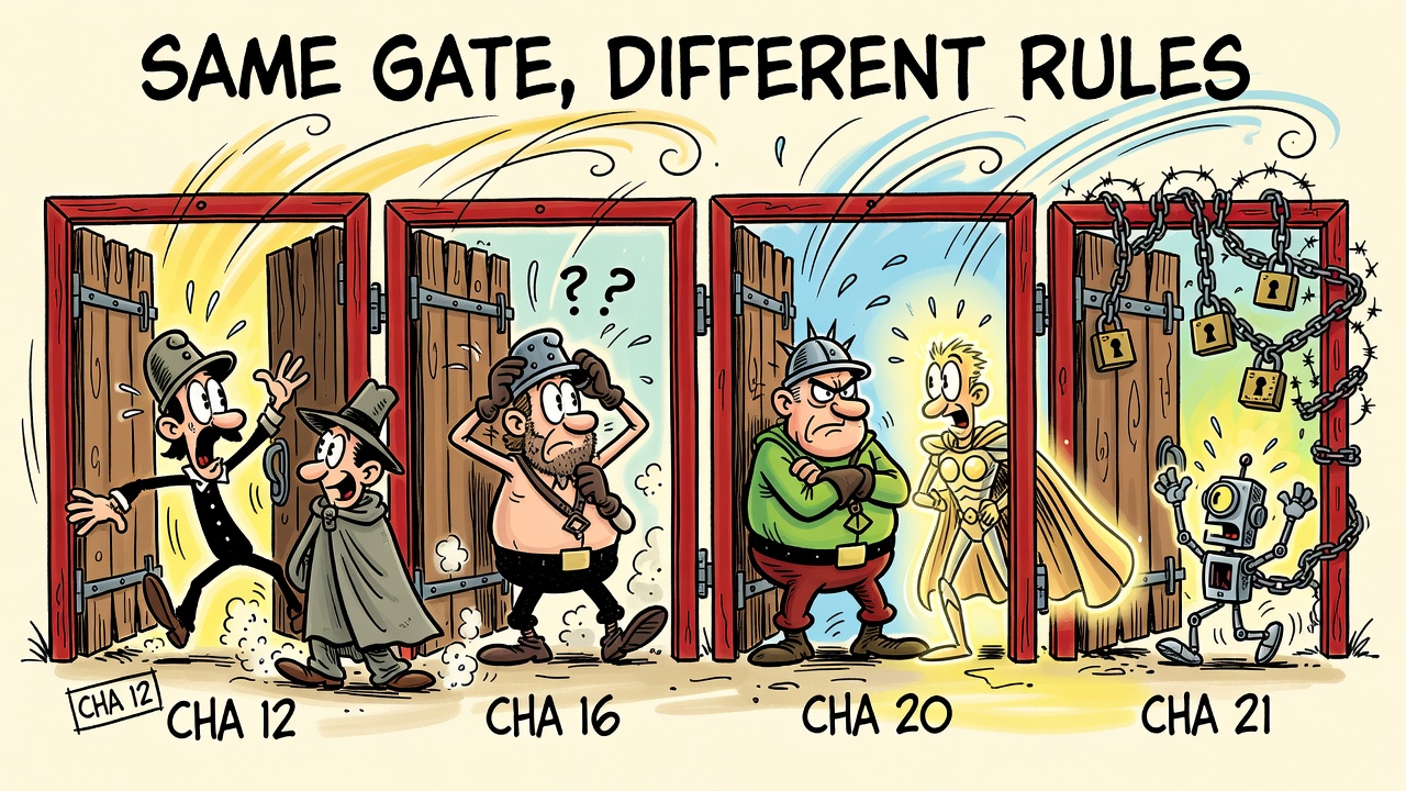 A hand-drawn cartoon of four identical town gates: a guard bowing open the first for a plain traveler labeled CHA 12; a hesitating guard at CHA 16; a guard with crossed arms refusing a glowing hero at CHA 20; a tiny robot pleading at a padlocked gate labeled CHA 21. Caption: SAME GATE, DIFFERENT RULES.